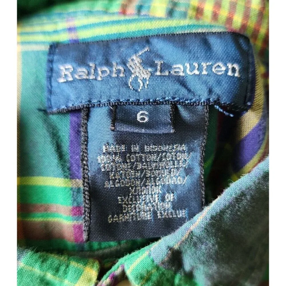 Ralph Lauren Green Plaid Button Down Long Sleeve Polo Shirt Youth Size 6‎ Cotton